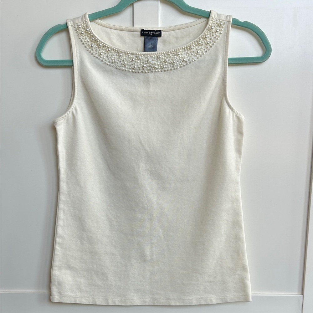 Ann Taylor Cream Tank Top with Beaded Neckline